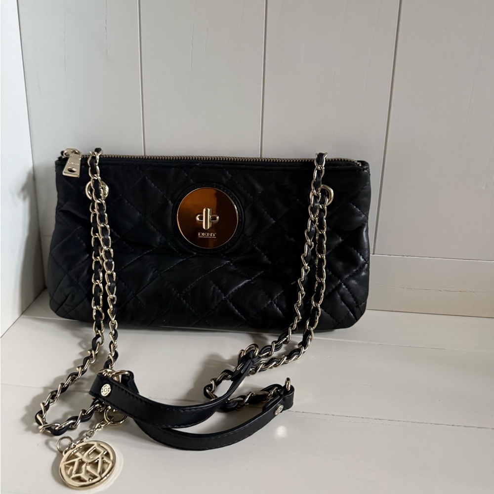 DKNY Black Quilted Clutch with Chain Detail